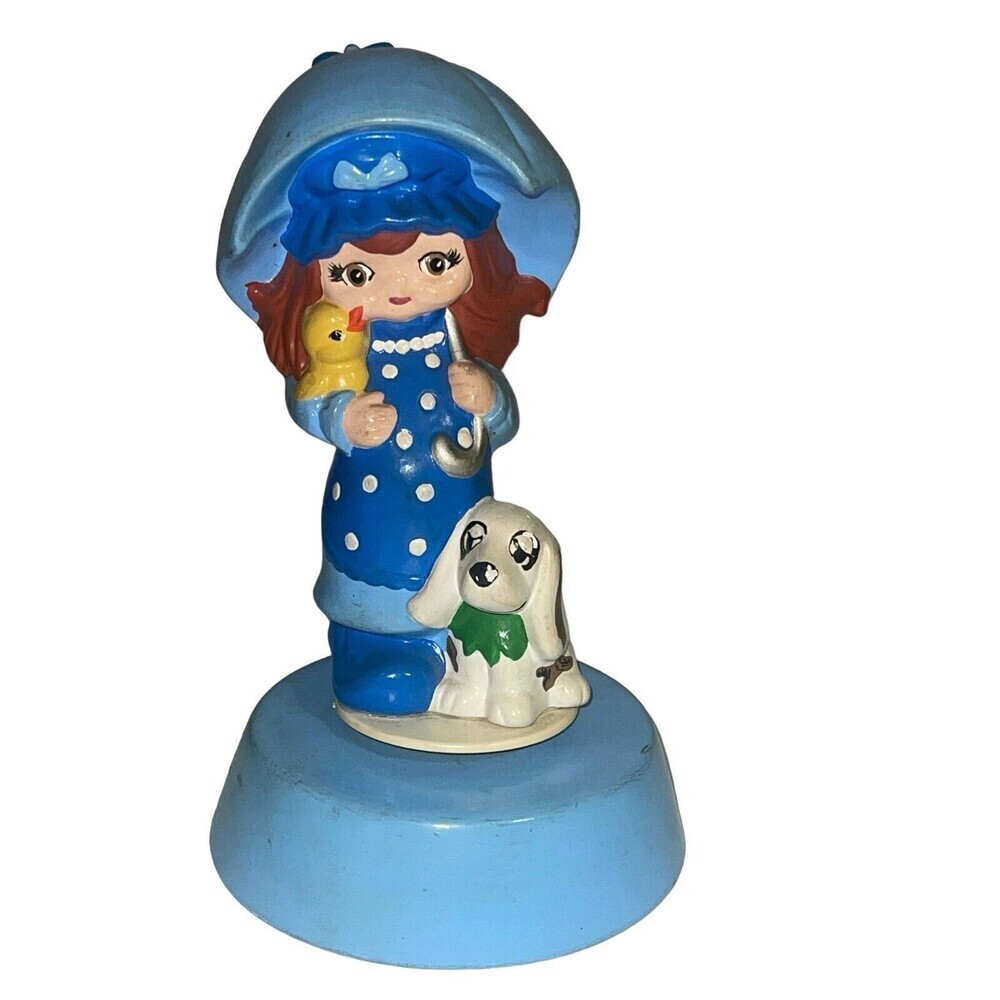 Vintage Girl Under Umbrella  Blue Outfit Ceramic Music Box Girl Dog Duck RARE